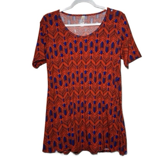 LuLaRoe Red Blue Geometric Tribal Print‎ Short Sleeve Tunic Top S NEW with FLAW - Picture 2 of 14